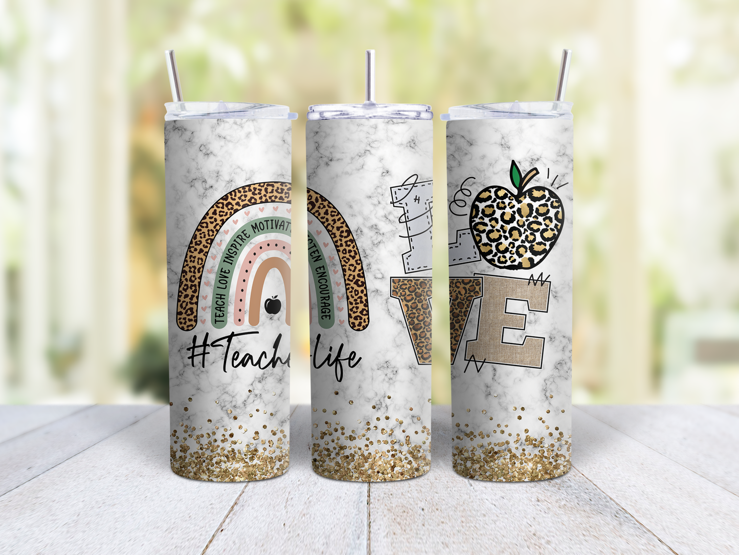 Teacher Life Gold Glitter Rainbow Tumbler
