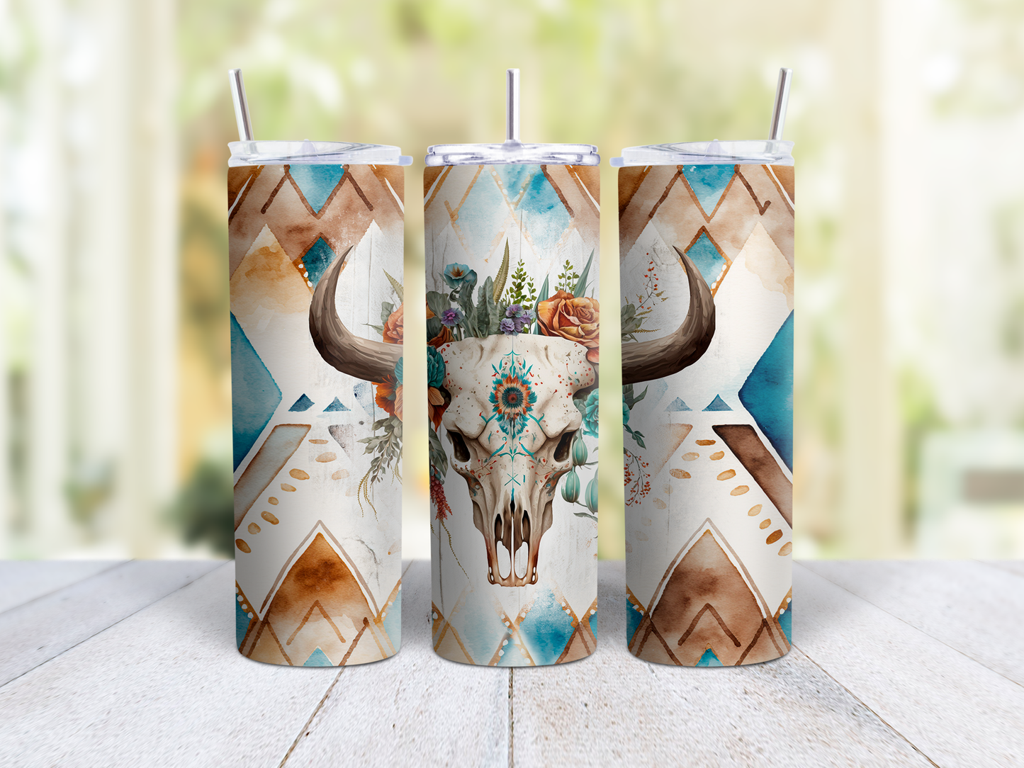 Bull Skull w Floral and Aztec Tumbler