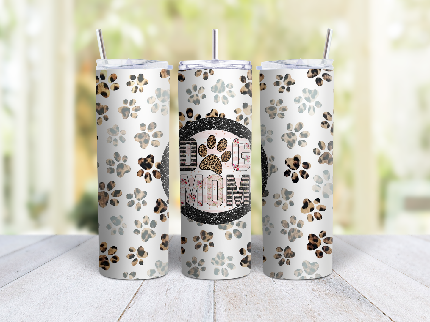 Dog Mom w Paw Print Background Tumbler