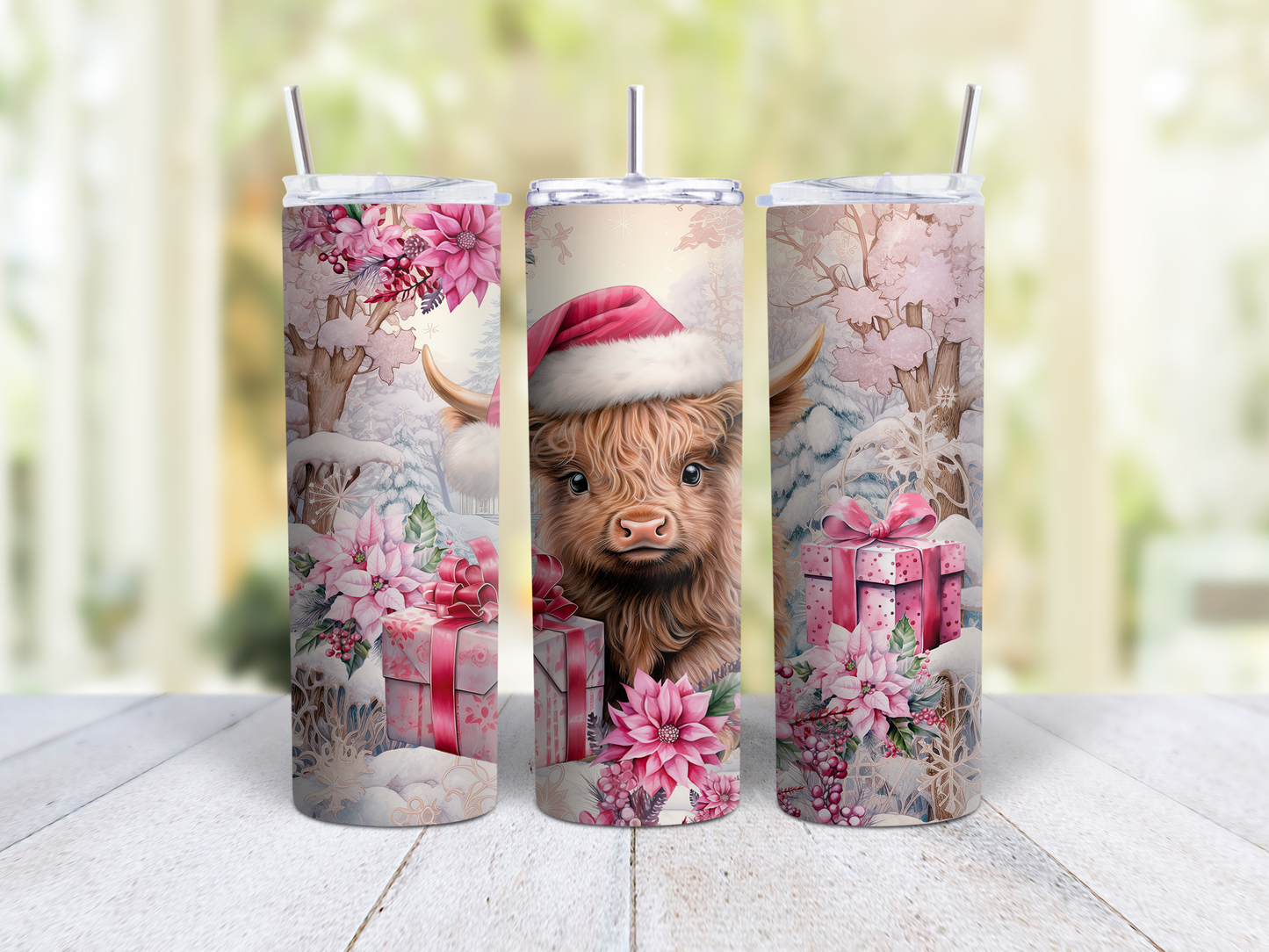 Pink Baby Highland Cow Christmas Tumbler